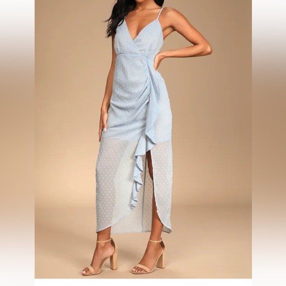 For Us to Dance Powder Blue Swiss Dot Ruffled Midi Dress - Picture 3 of 5